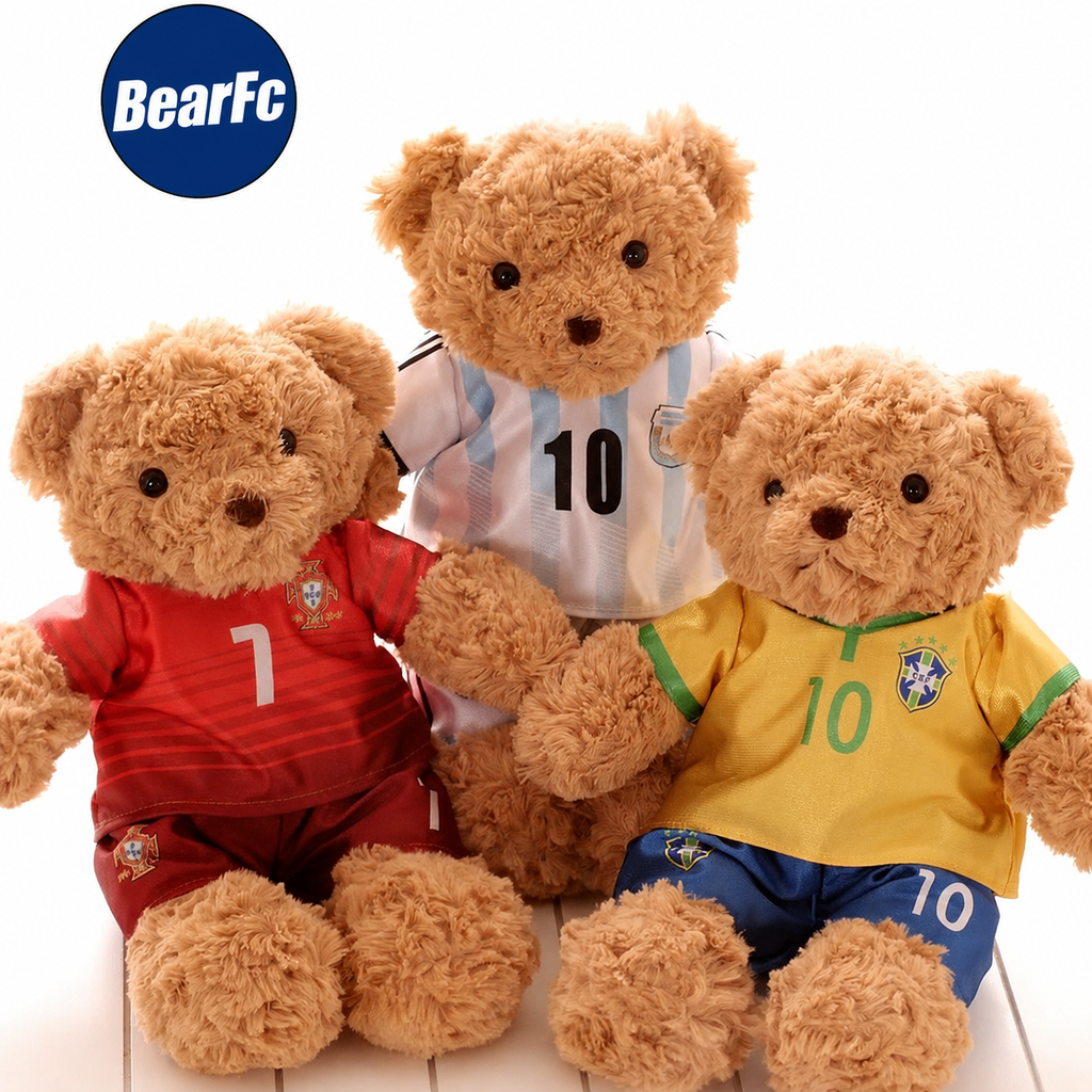Three BearFC soccer teddy bears wearing Portugal, Argentina, and Brazil jerseys